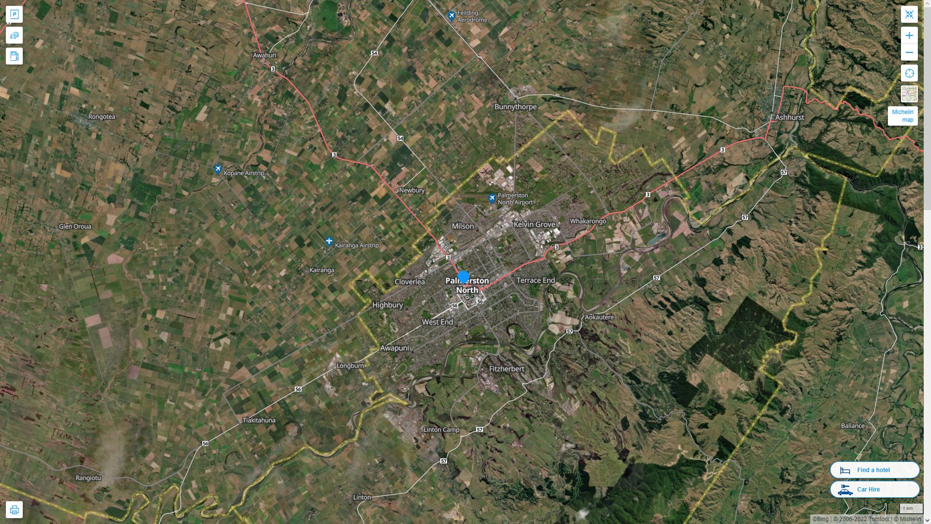 Palmerston North Nouvelle Zelande Autoroute et carte routiere avec vue satellite